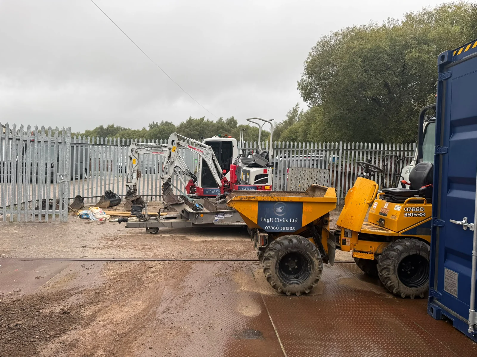 Wheeled dumper with DigR Civils excavators in the yard